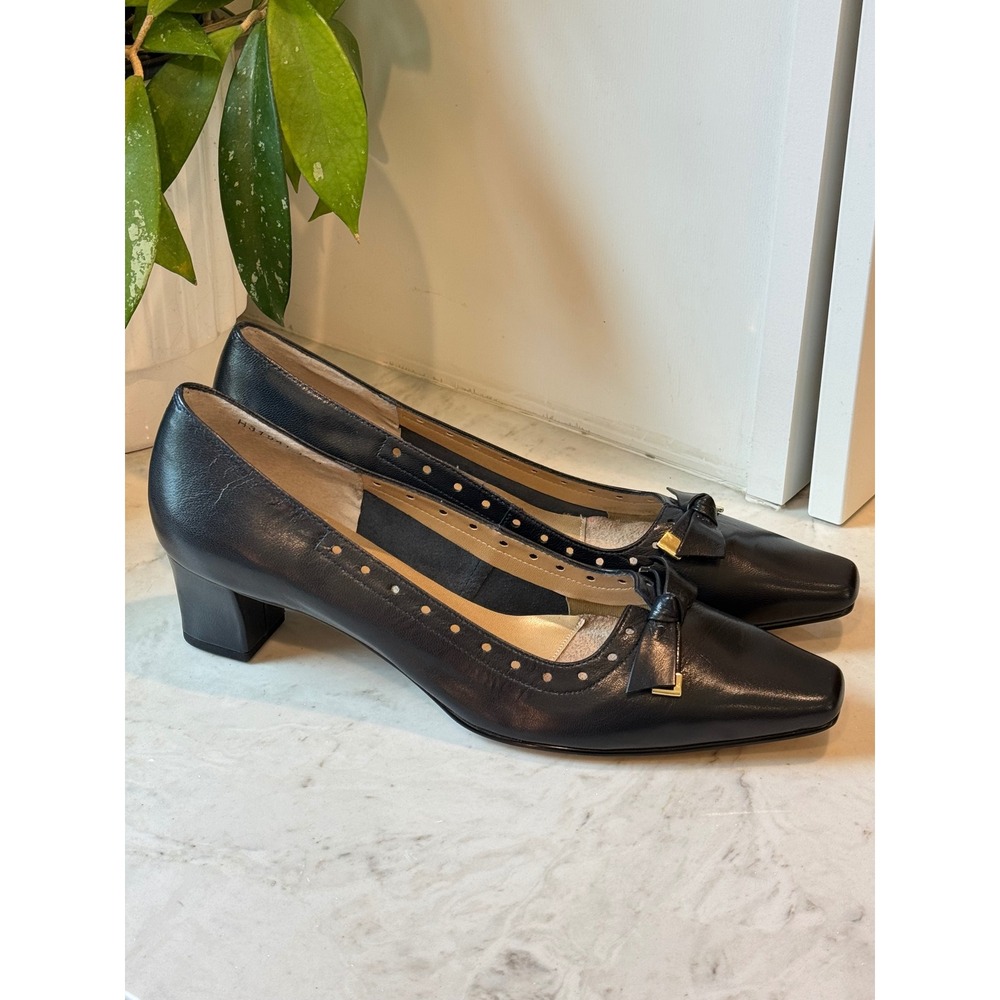 Ros Hommerson Leather Pumps Womens 10N Navy Bow Square Toe Block Heel H31941